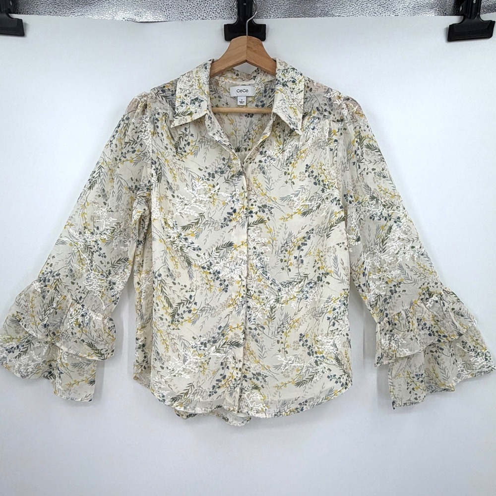 Cece Womens M Botanical Floral Embroidered Blouse Ruffle Trim Button Front